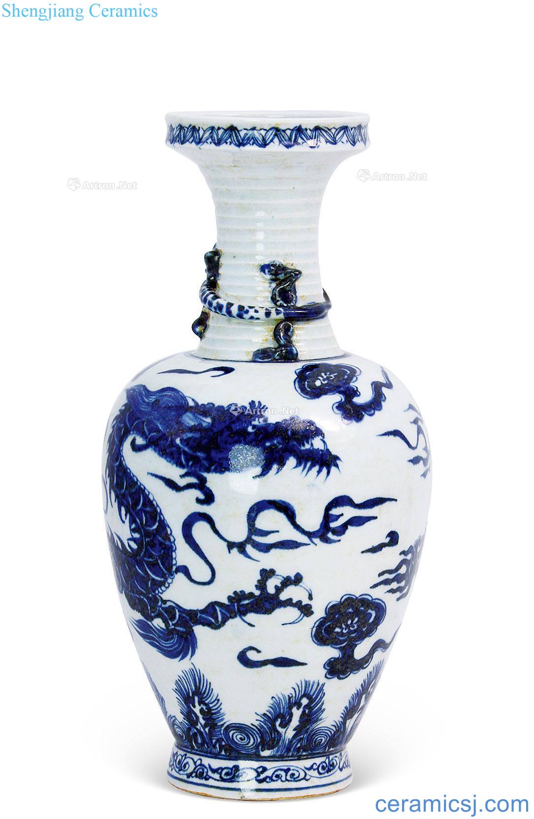 yuan Blue and white YunLongWen embossment PanChi spiral grain dish buccal bottle