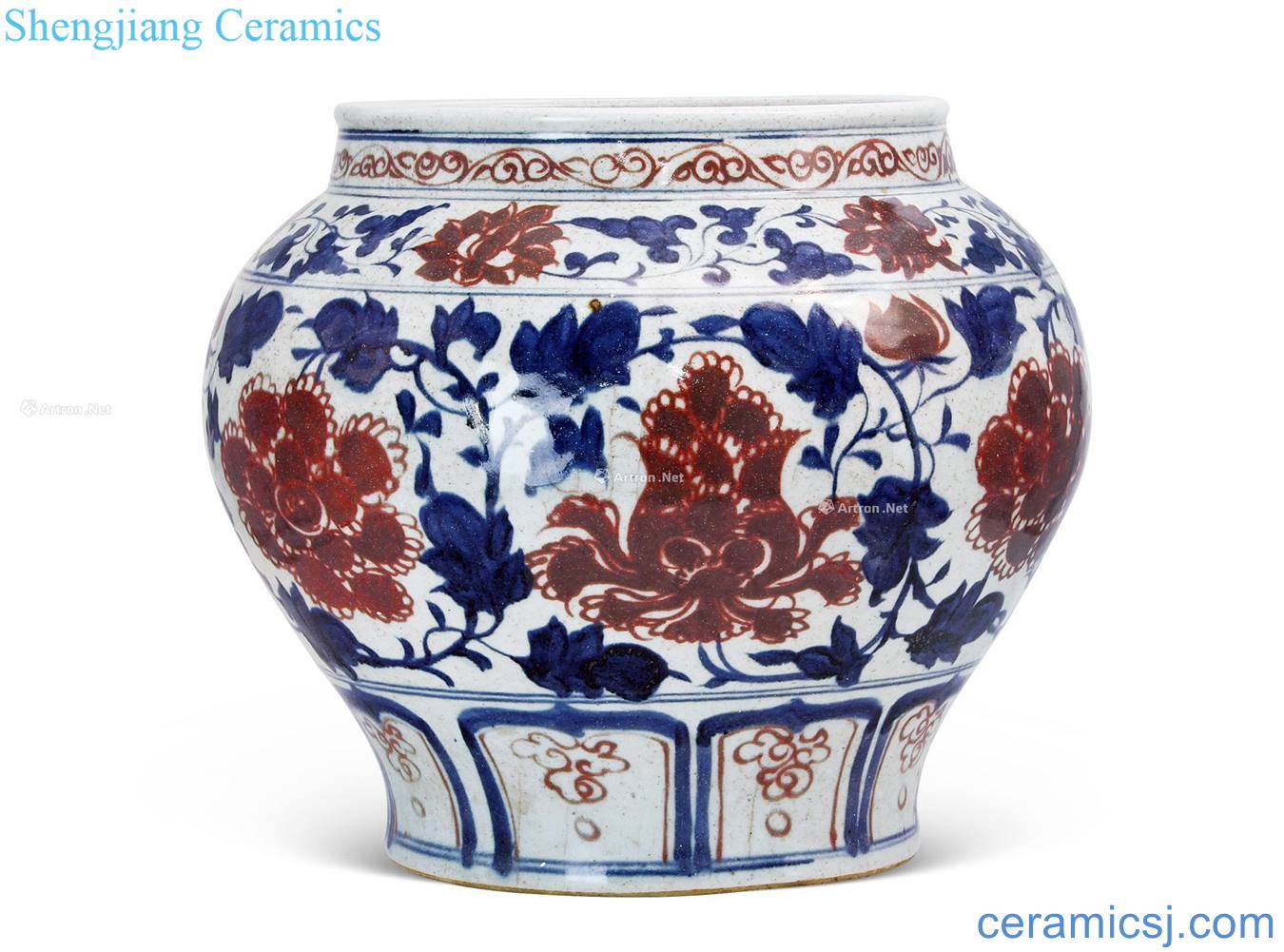 yuan Blue and white youligong red peony flower grain big cans