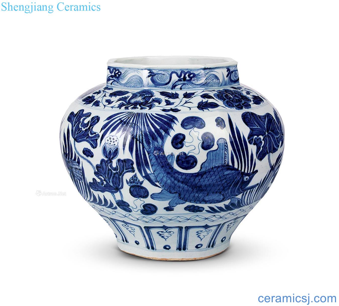 The yuan dynasty Blue and white fish and algae grain eight arrises cans