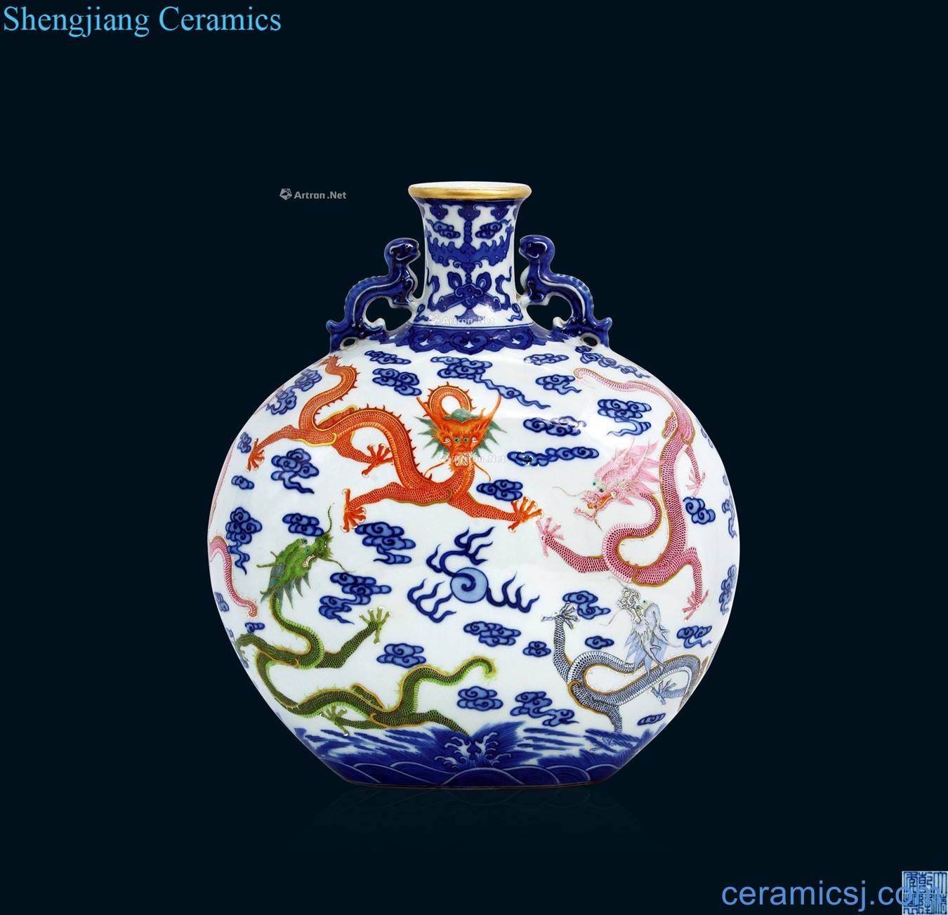 Qing qianlong Blue and white enamel YunLongWen ears flat pot