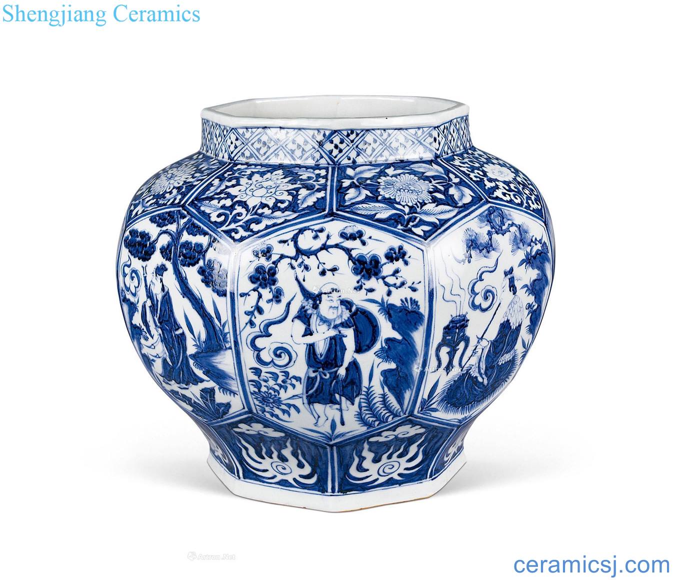 yuan Blue and white medallion stories of the eight immortals grain eight arrises big cans