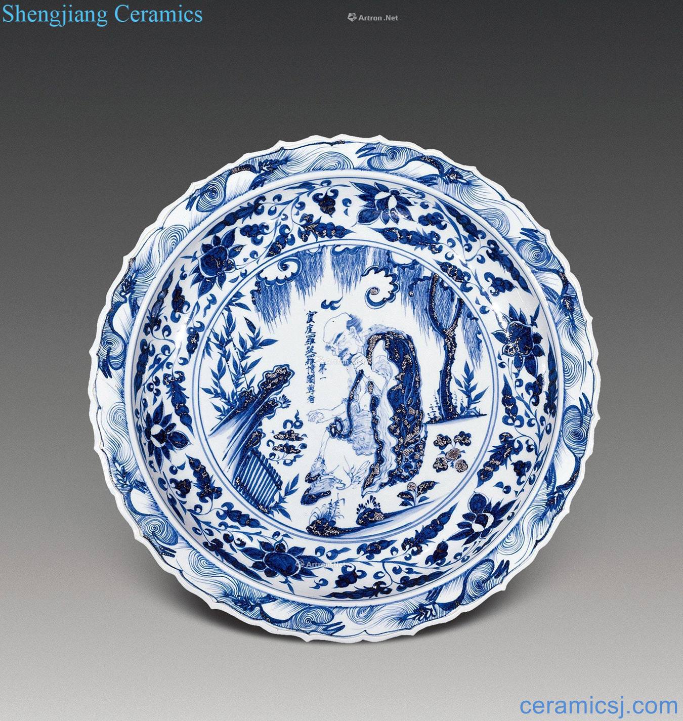 Early Ming dynasty Blue and white 18 Luo Hanhua mouth tray