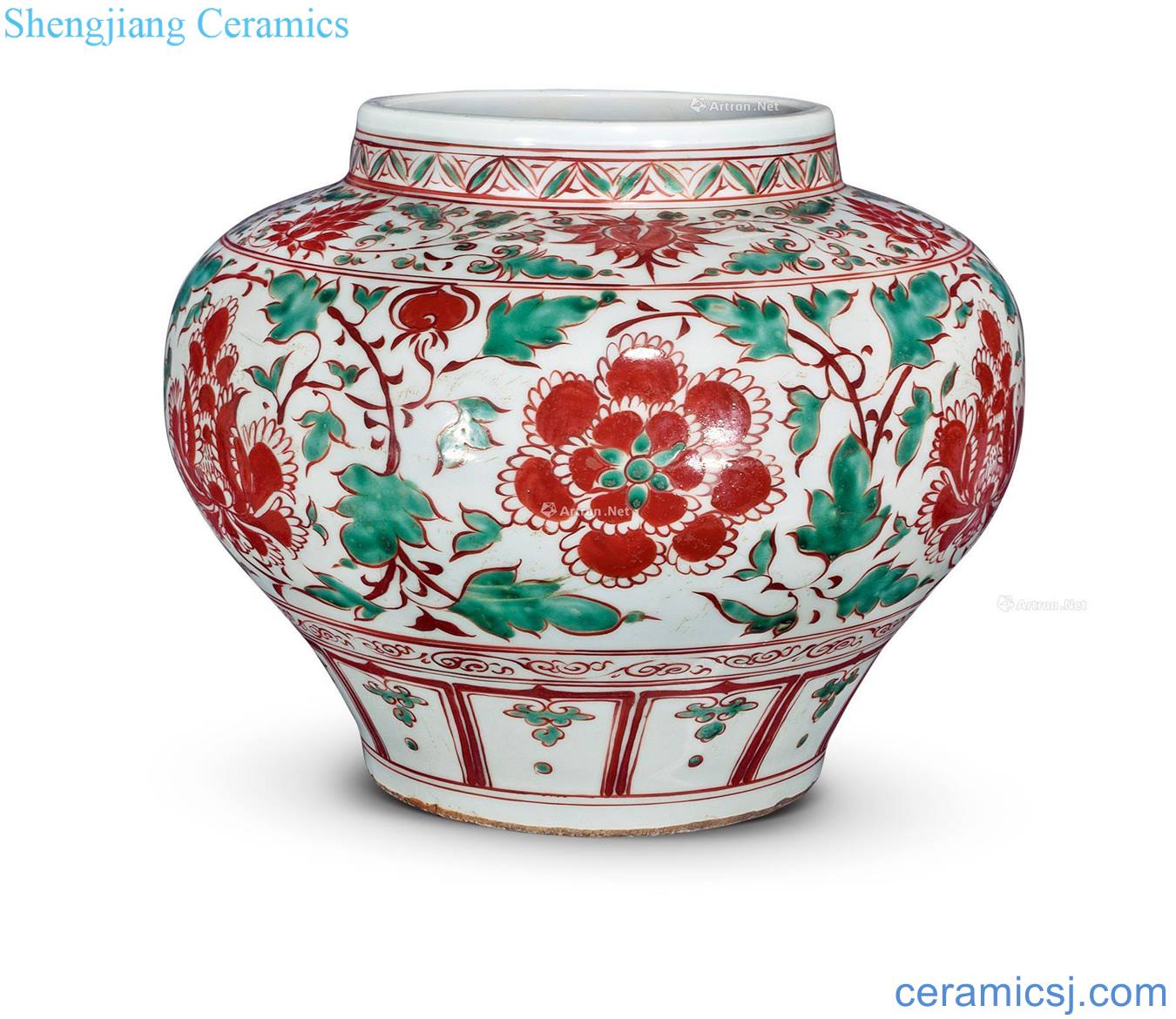 yuan Red, green, colorful peony flower grain tank