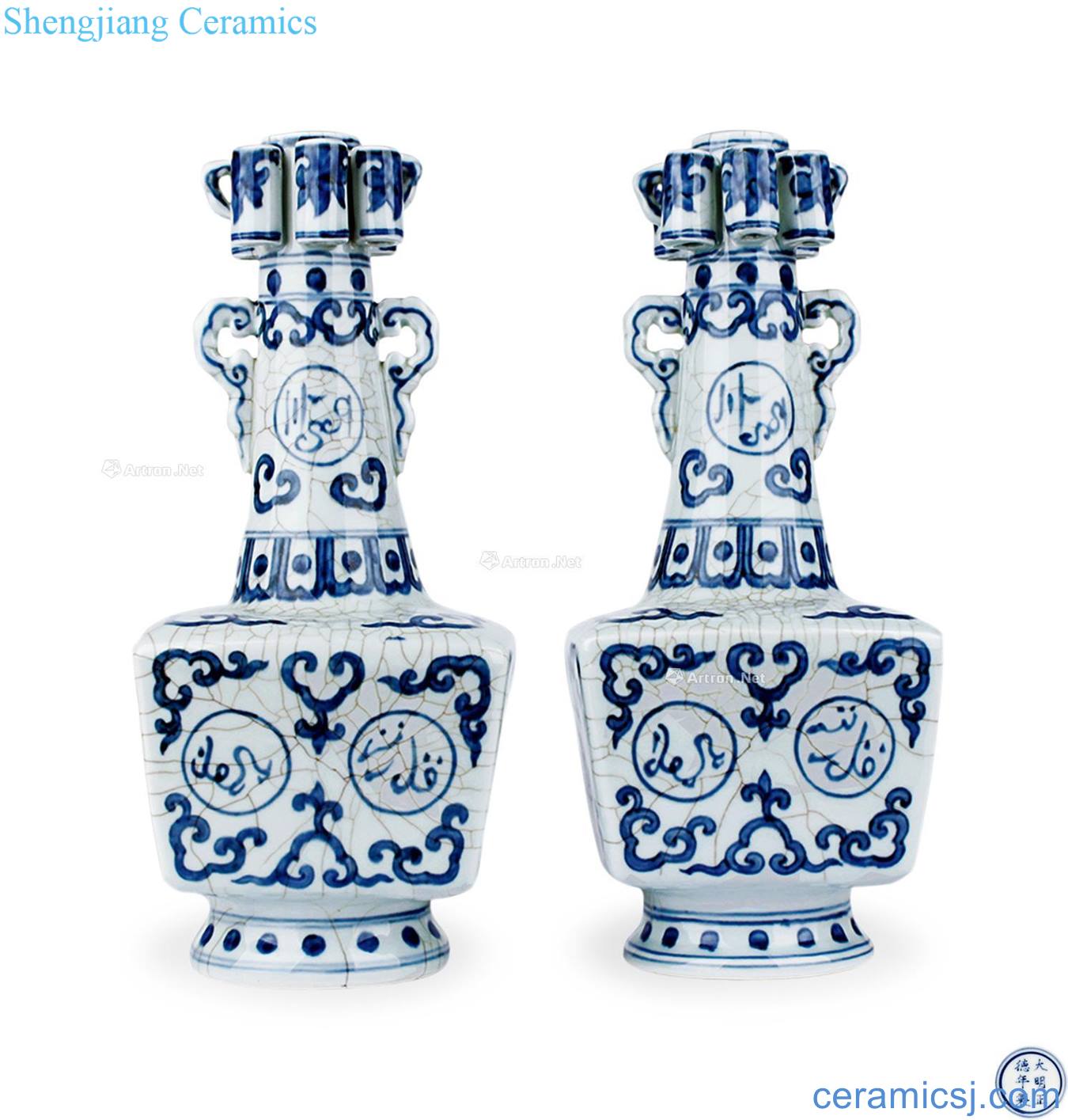 MingZhengDe Blue and white Sanskrit sifang ears six bottle tube (a)