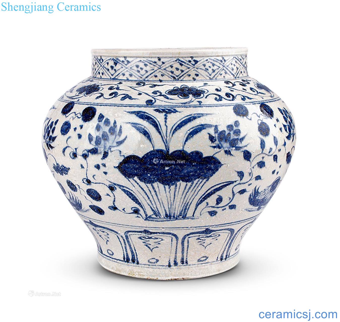 The yuan dynasty blue-and-white mandarin duck lotus figure crackle cans