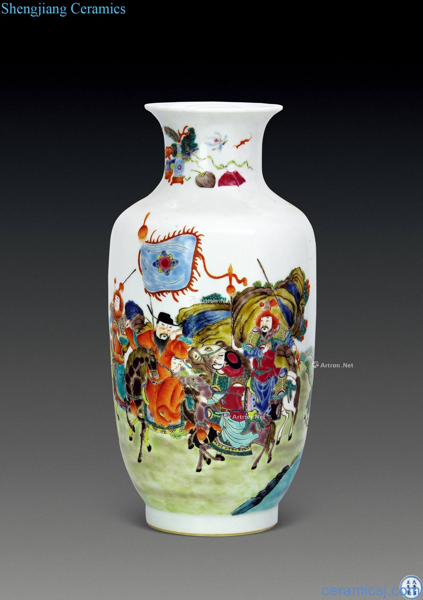 Qing yongzheng pastel characters on horseback goddess of mercy bottle