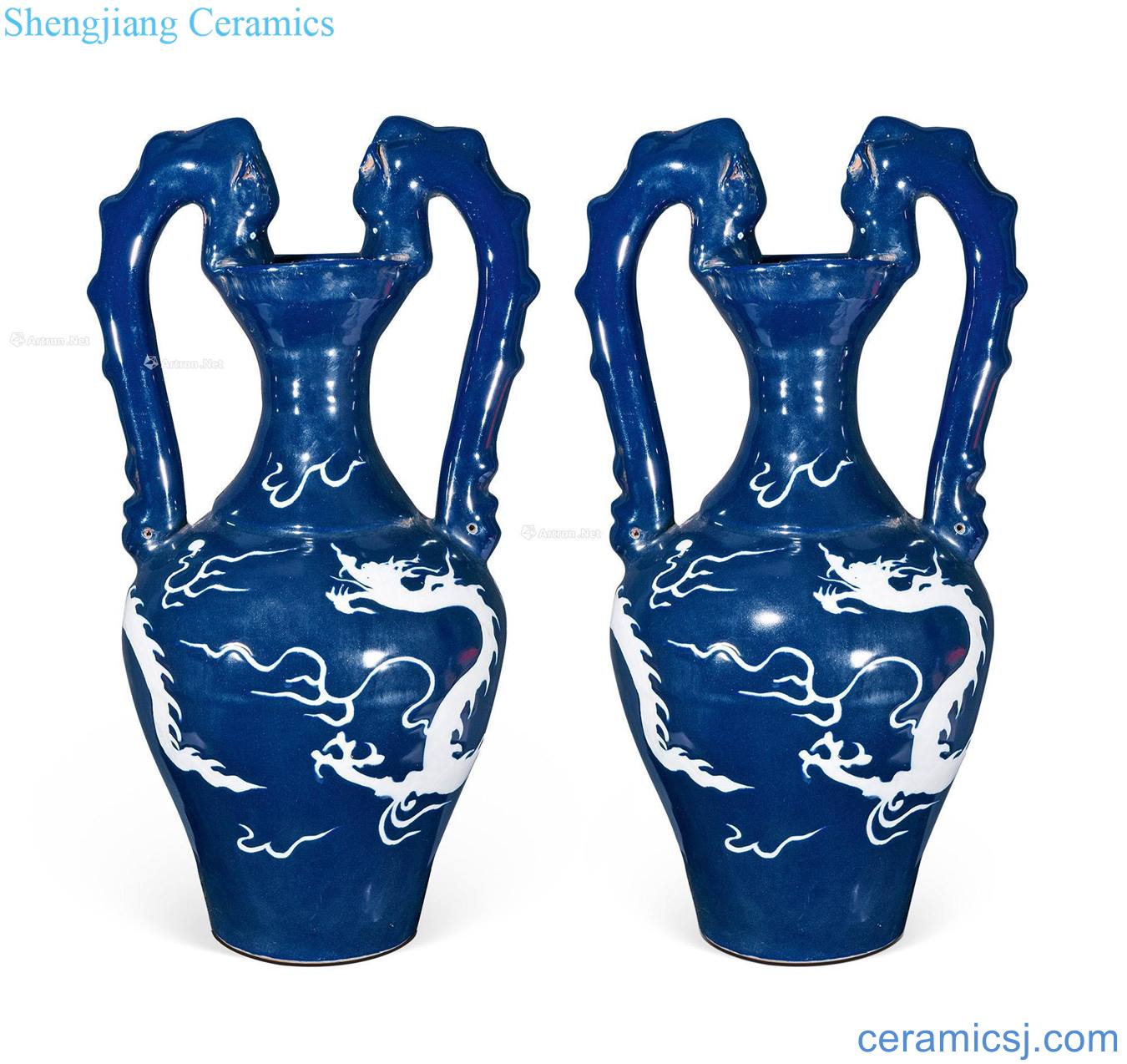 yuan Ji blue glaze ssangyong bottle (a)
