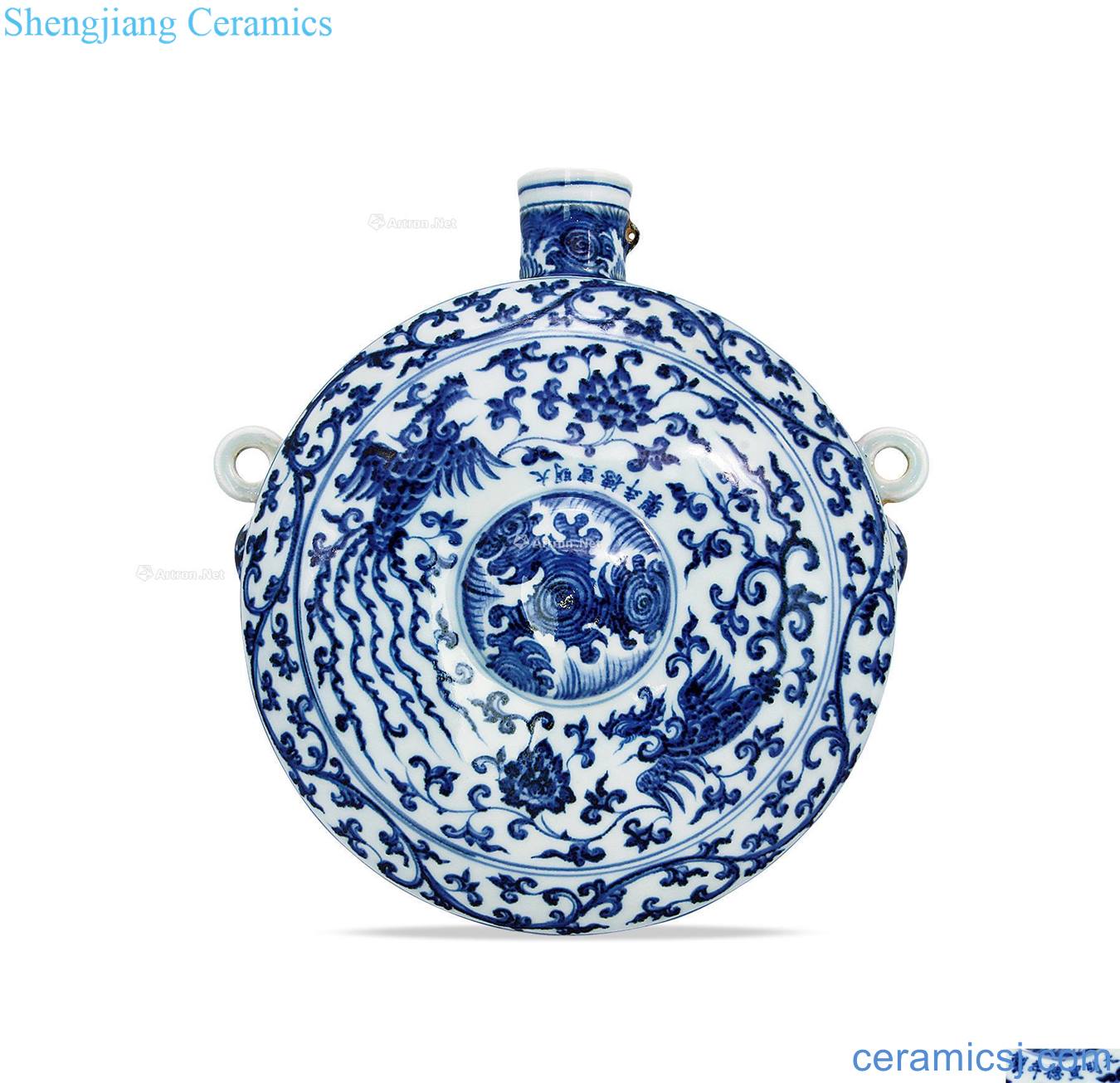 Ming xuande Blue and white chicken wear peony grains flat pot