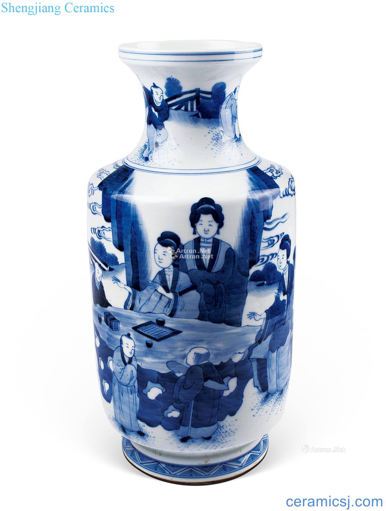 In the qing dynasty Blue and white four princess sixteen subgraph dish buccal bottle