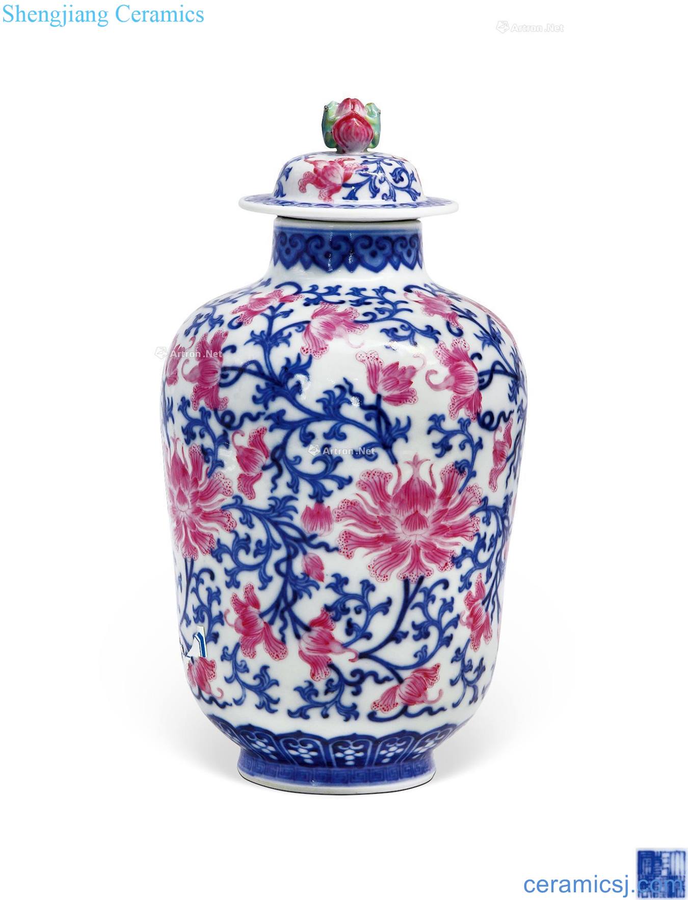 Qing qianlong blue-and-white carmine branch lotus lines cover bottle