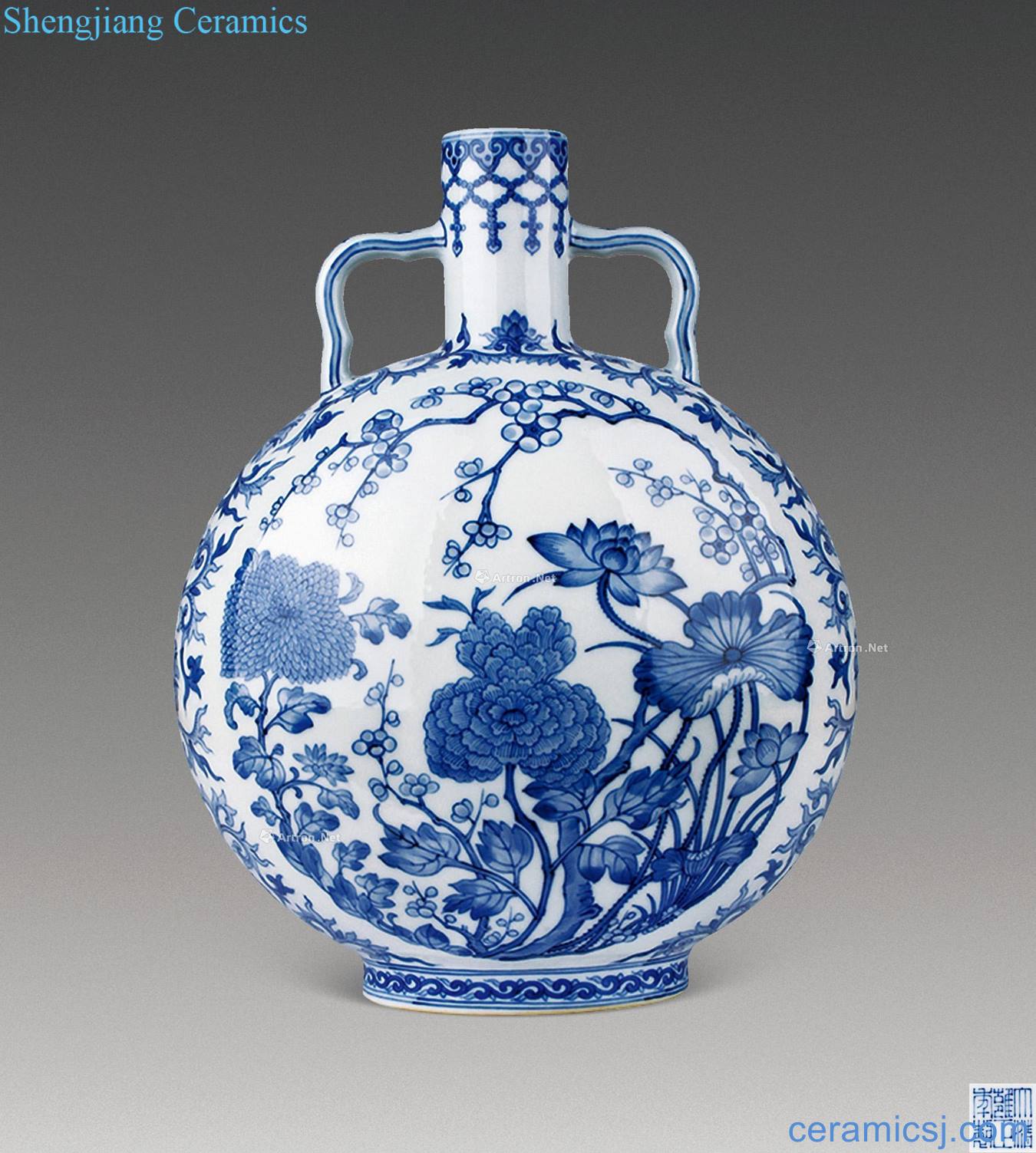 Qing yongzheng Blue and white four seasons flower grain satisfied on bottle
