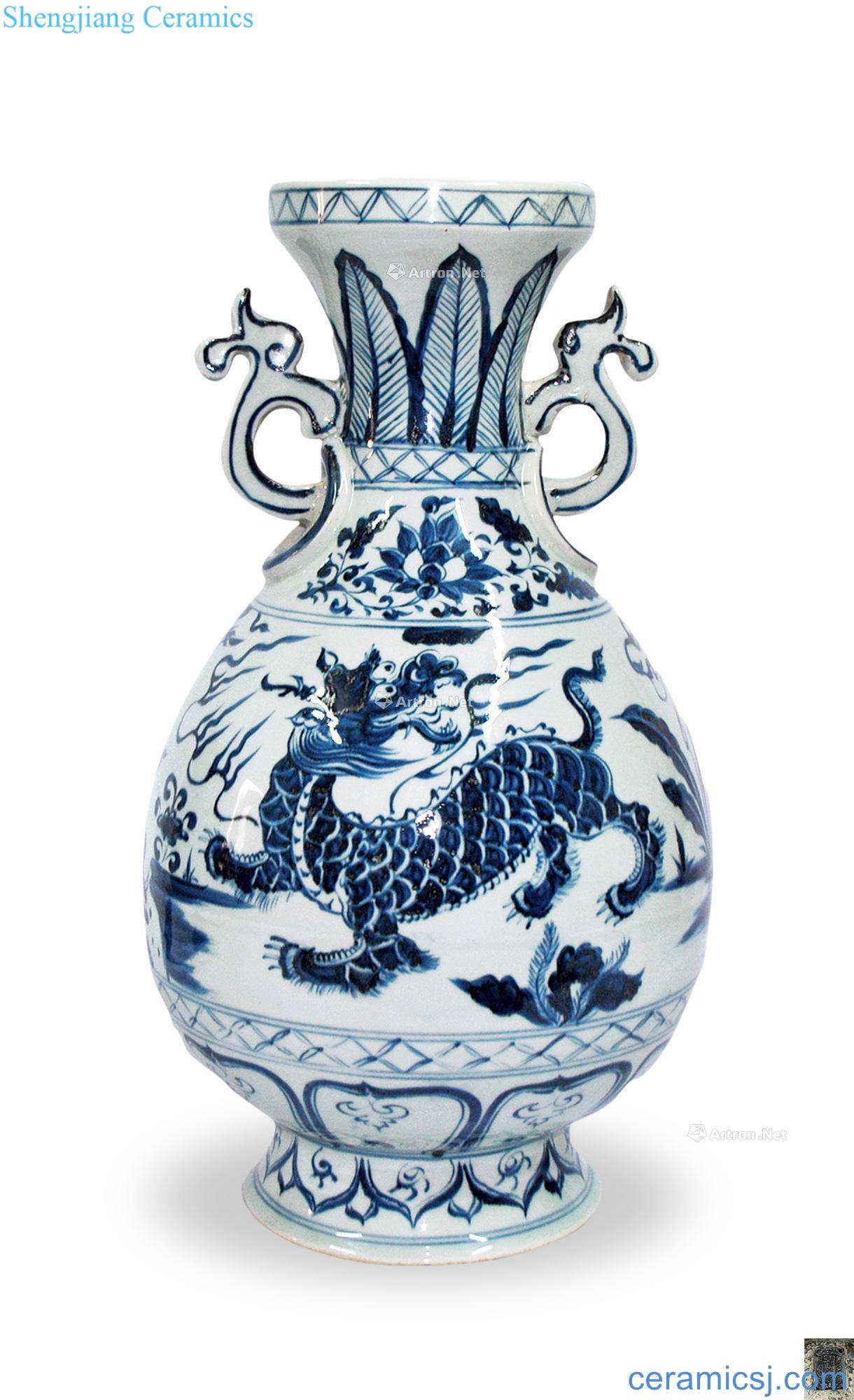 The yuan dynasty Blue and white dragon dish buccal bottle ears bit ring