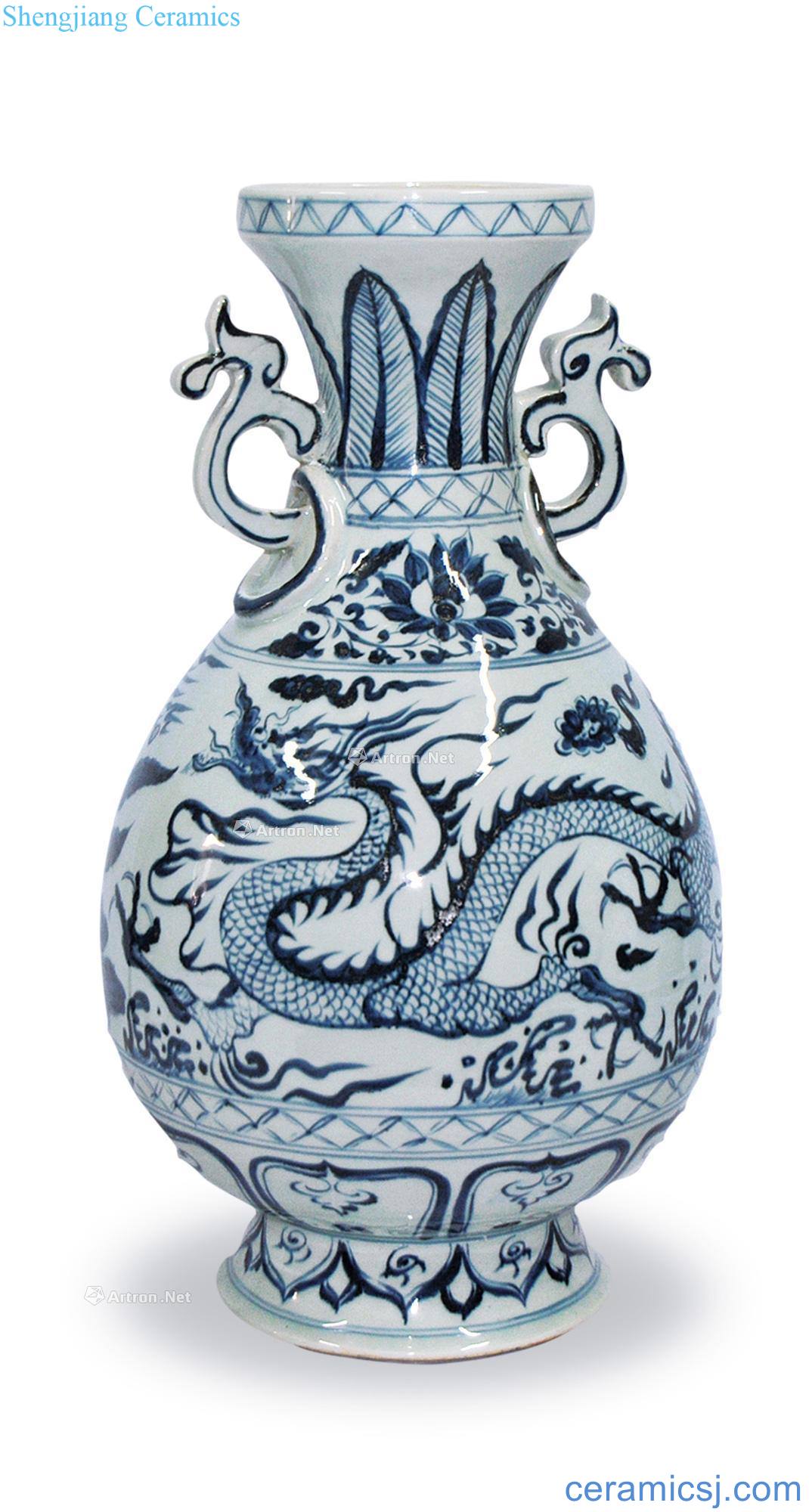 The yuan dynasty Blue and white dragon dish buccal bottle ears bit ring