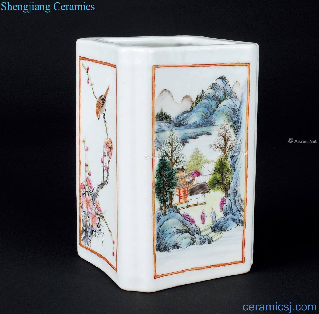 Qing qianlong pastel landscape painting of flowers and grain brush pot