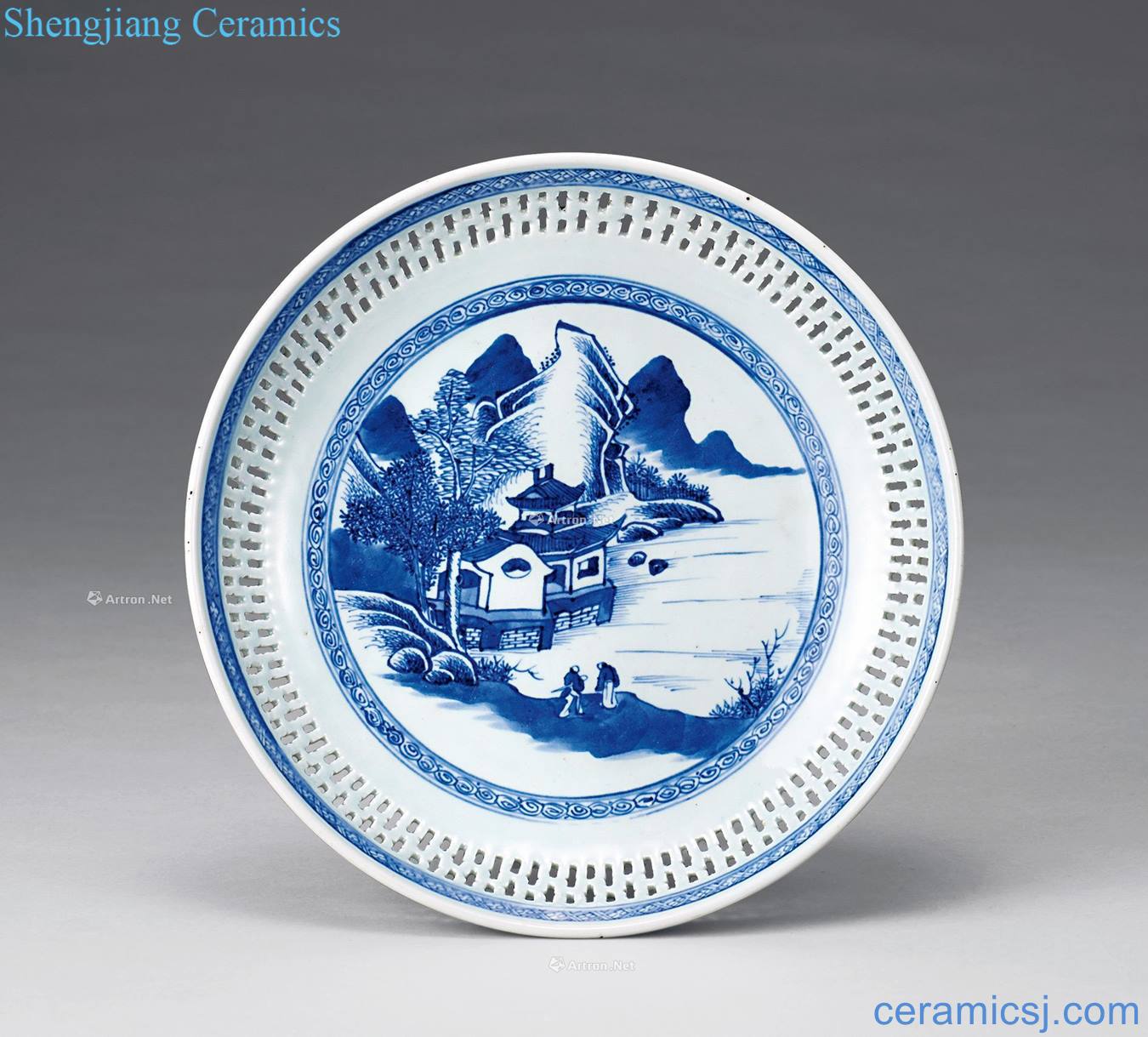 qing Blue and white landscape characters engraved look dish
