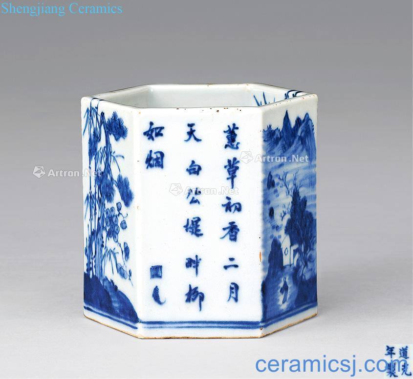 Qing daoguang Blue and white the six-party landscape poetry pen container