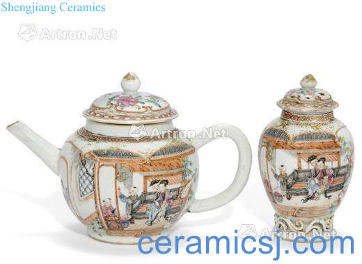 Qing qianlong pastel colour character figure teapot and receives a group (or two)
