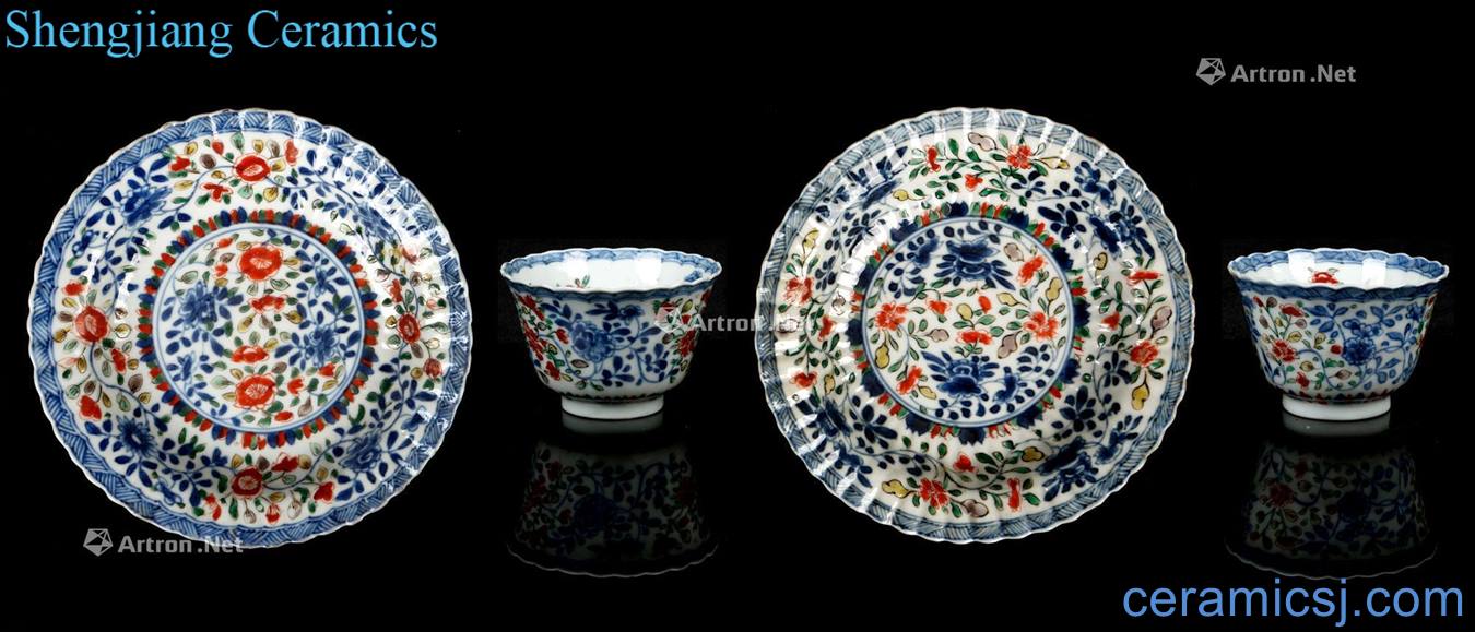 In the qing dynasty Colorful chrysanthemum border flower cup dish (two pairs)