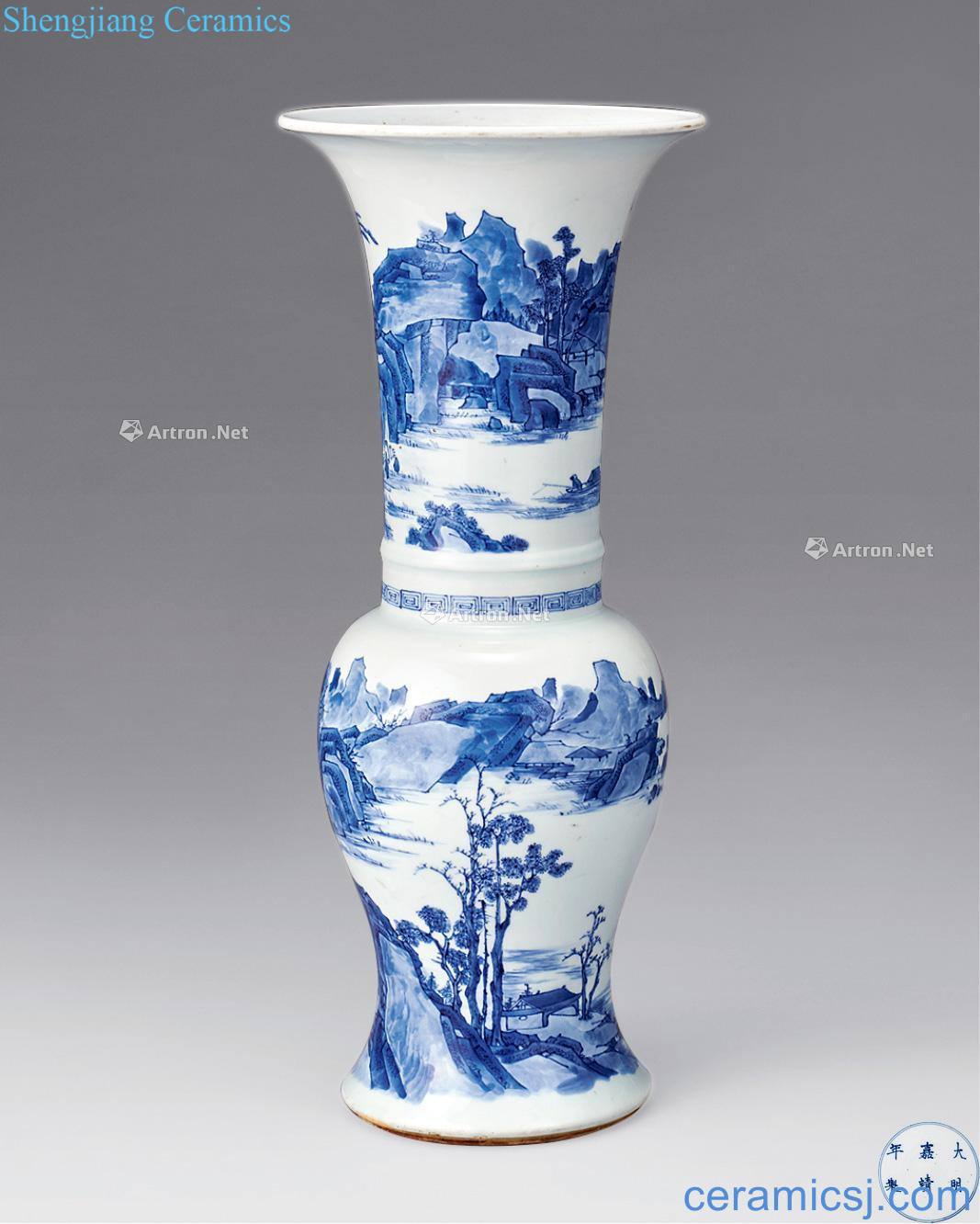 qing Blue and white landscape beauty PND tail-on bottle