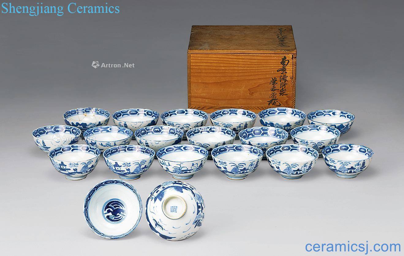 qing Blue and white landscape character green-splashed bowls (20 guest)