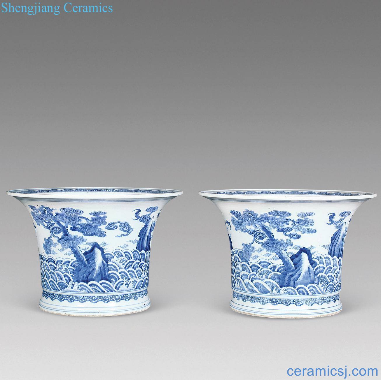 In late qing dynasty Blue and white landscape flower pot (a)