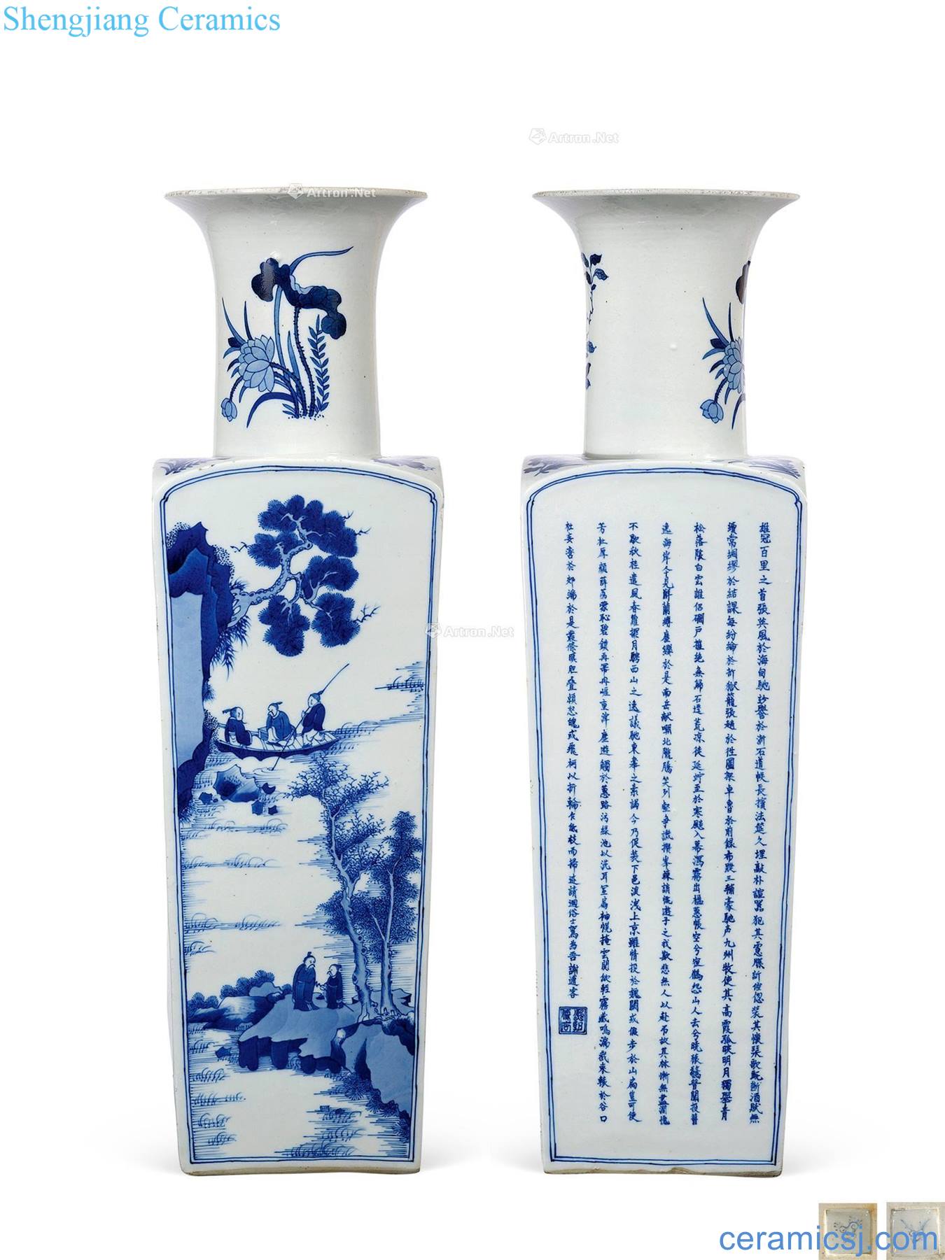 The qing emperor kangxi Blue and white landscape character poems bottle (a)