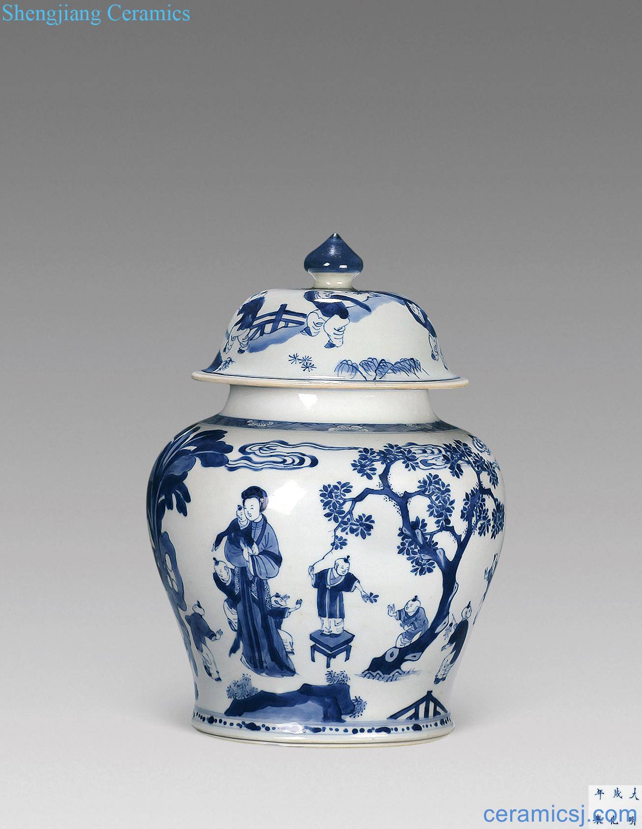 The qing emperor kangxi Blue and white lady baby play the general tank