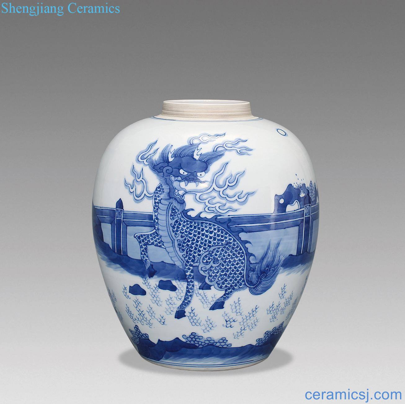 Early qing dynasty blue-and-white kirin plantain cans