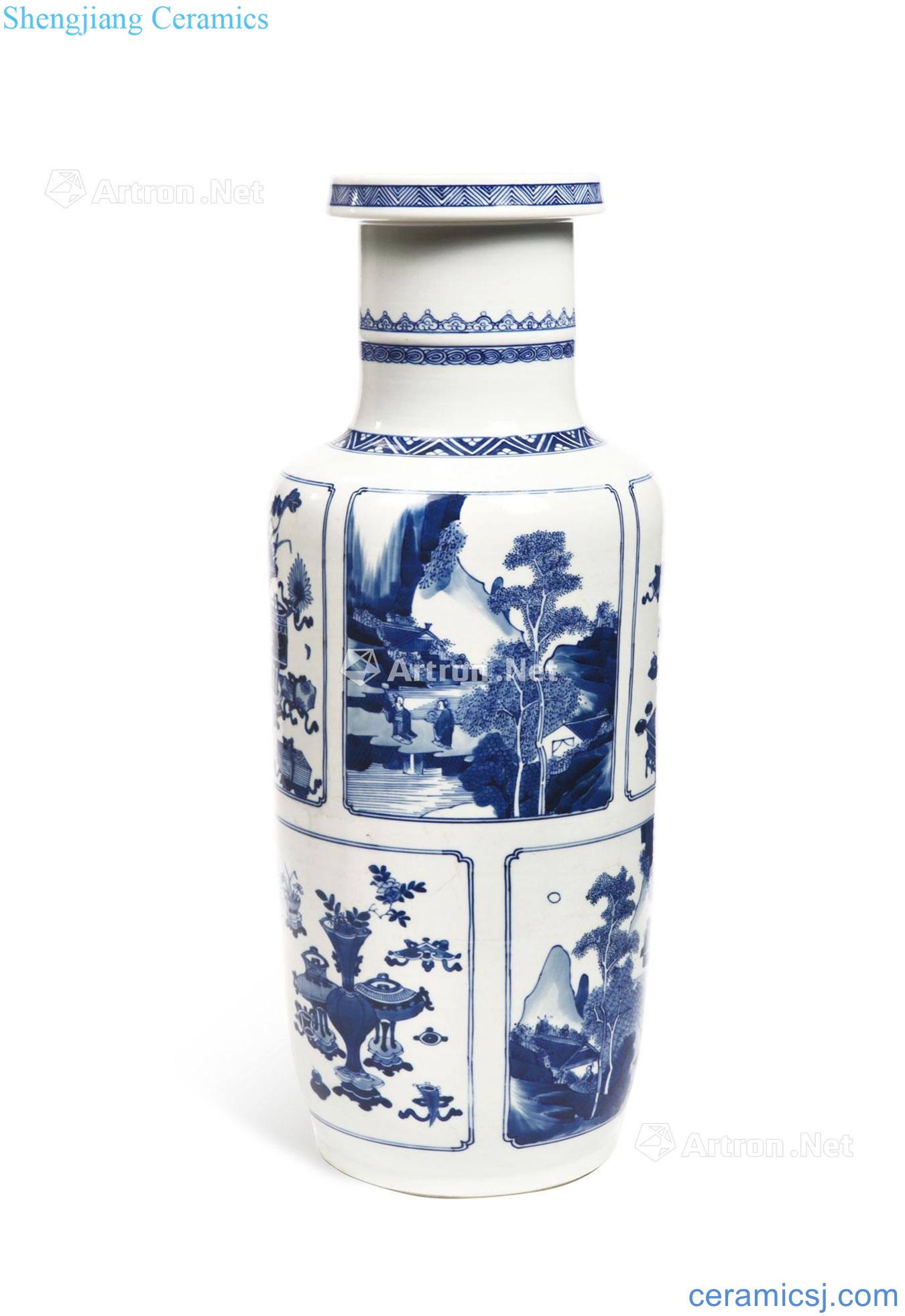 The qing emperor kangxi Blue and white landscape antique wooden stick