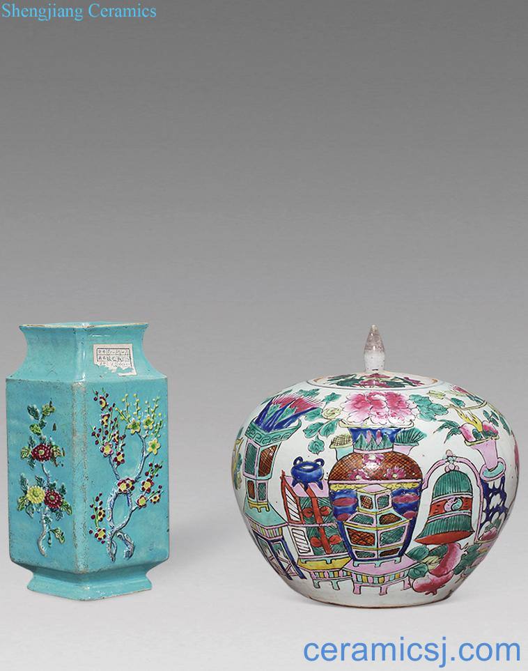 In late qing famille rose flower pot, carved porcelain flowers two square bottles
