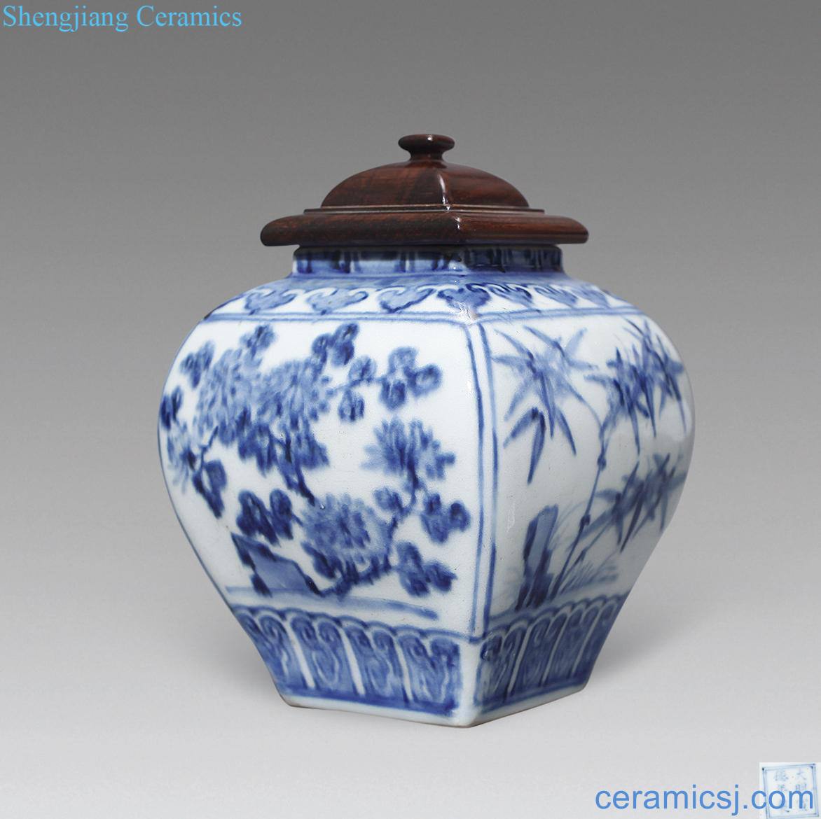 Ming Blue and white shochiku mei square tank