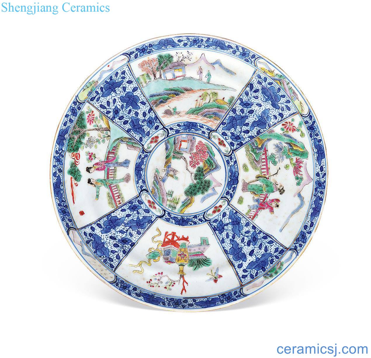 Qing guangxu Blue and white plate of colorful characters