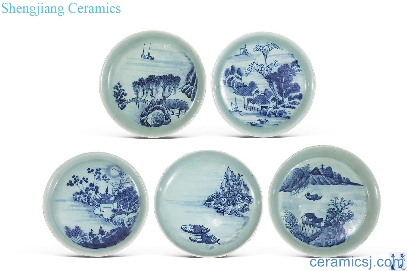 Mid qing Pea green blue and white landscape plate (5)
