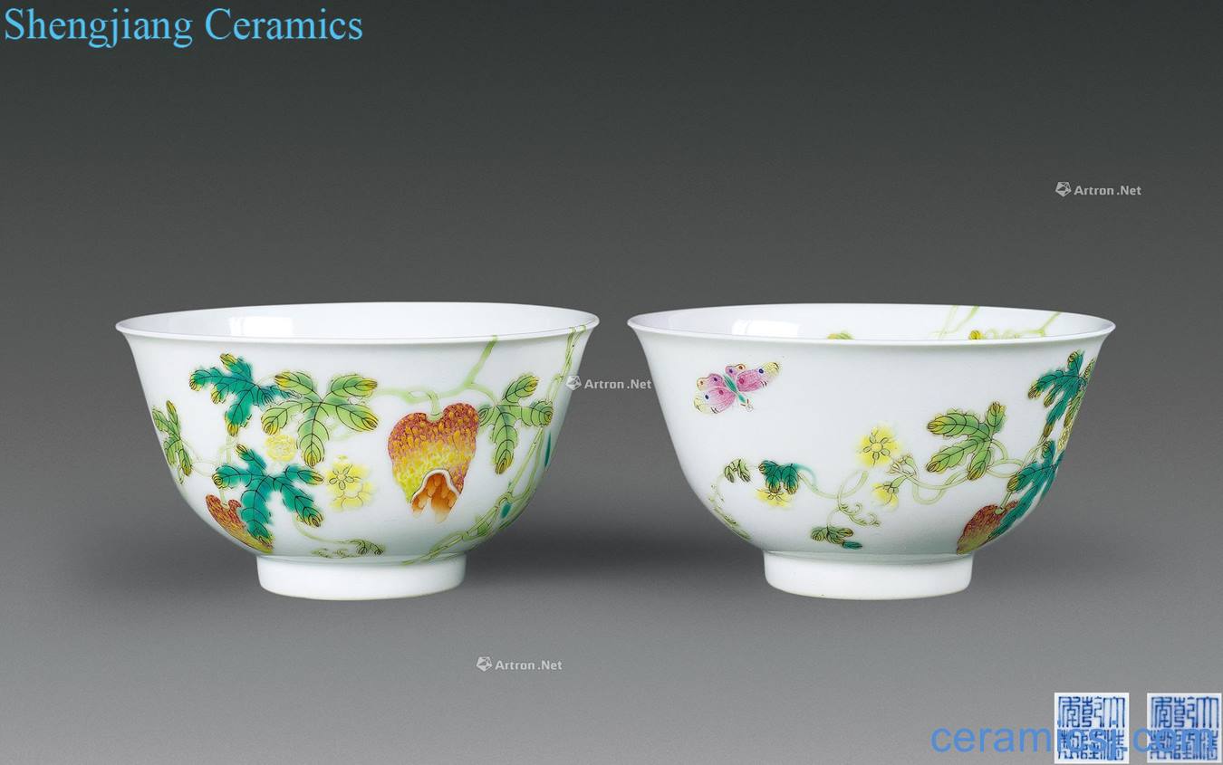 Qing qianlong official kiln enamel a melon butterfly wall branches pomegranate green-splashed bowls (a)