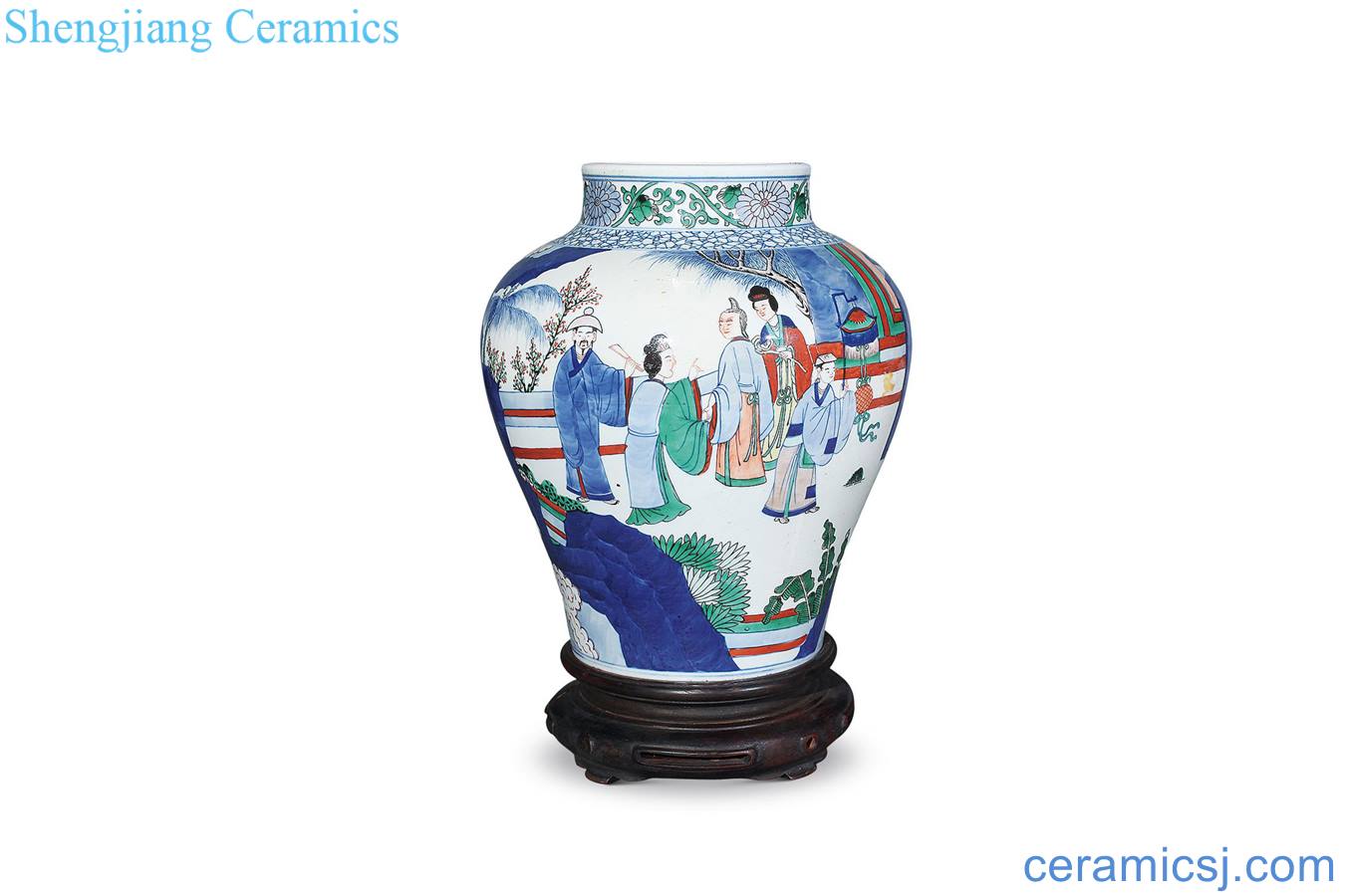 Qing guangxu The general tank blue-and-white colorful characters