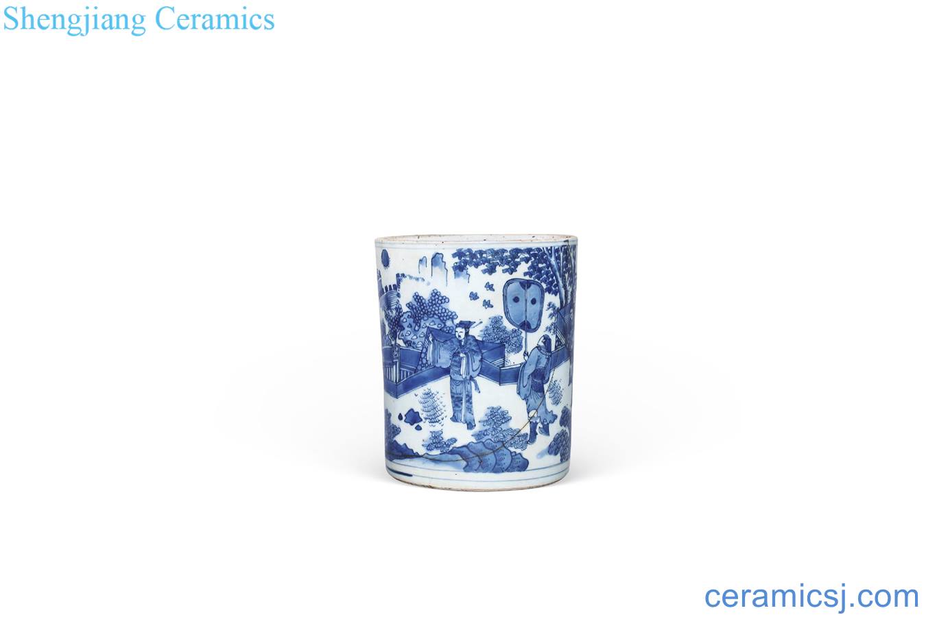 The late Ming dynasty Blue and white landscape character brush pot