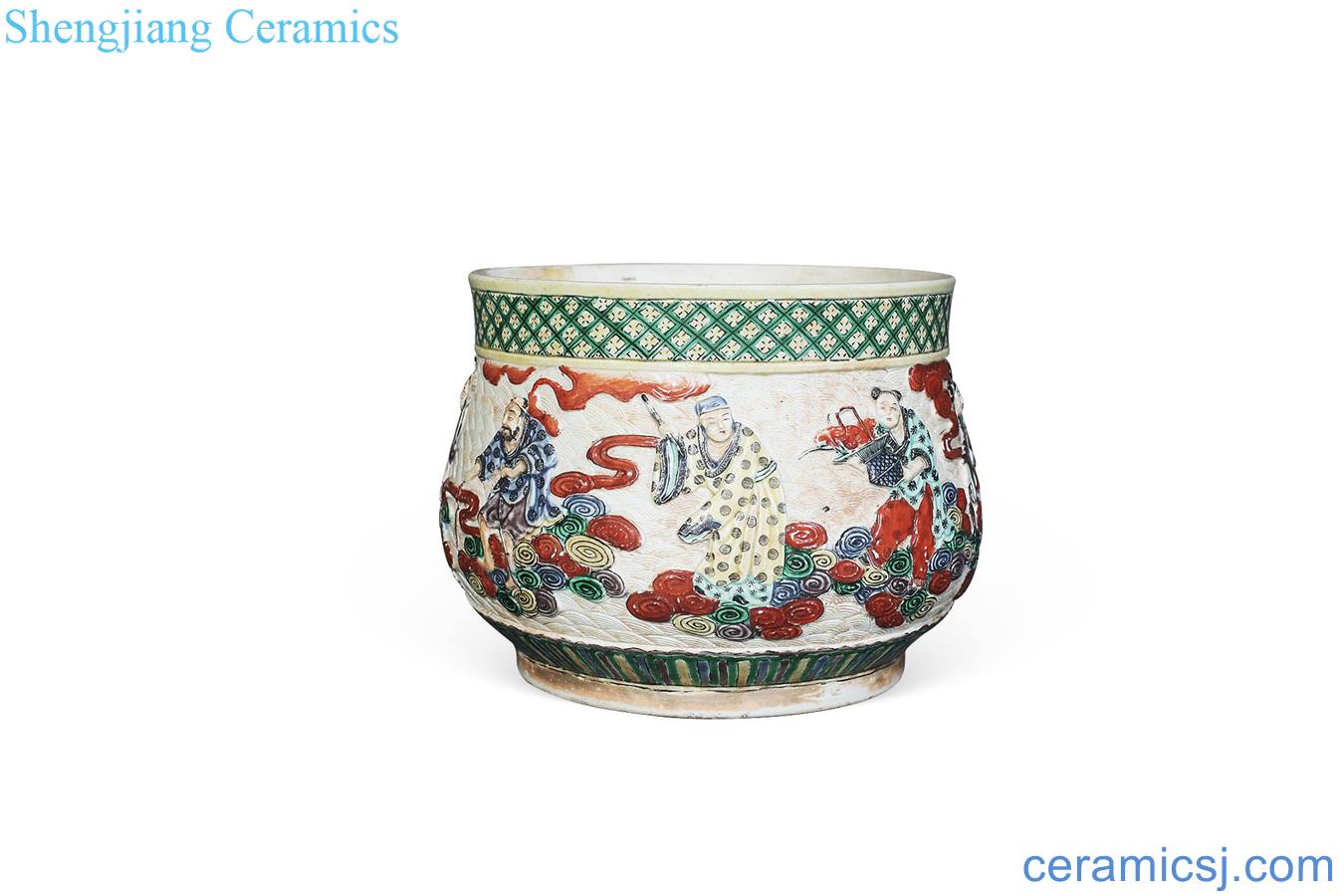 Qing guangxu Five color emboss porcelain furnace the eight immortals