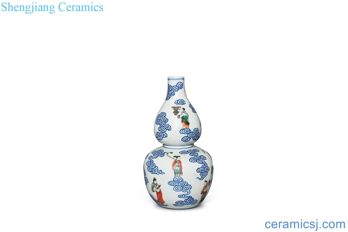 Qing guangxu Blue and white colorful eight immortals gourd bottle