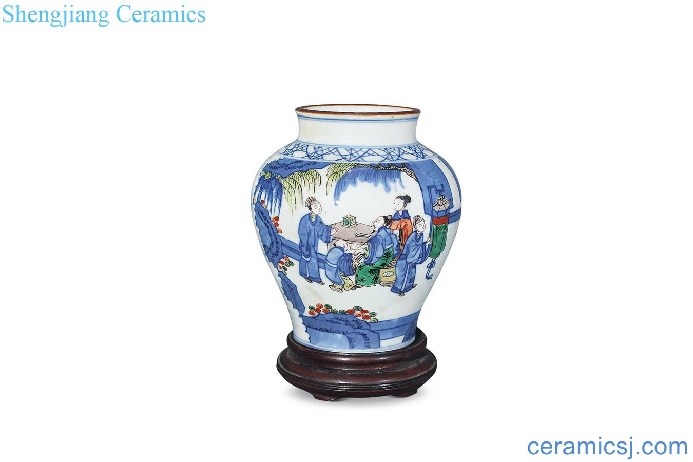 Qing guangxu Blue and white can of colorful characters