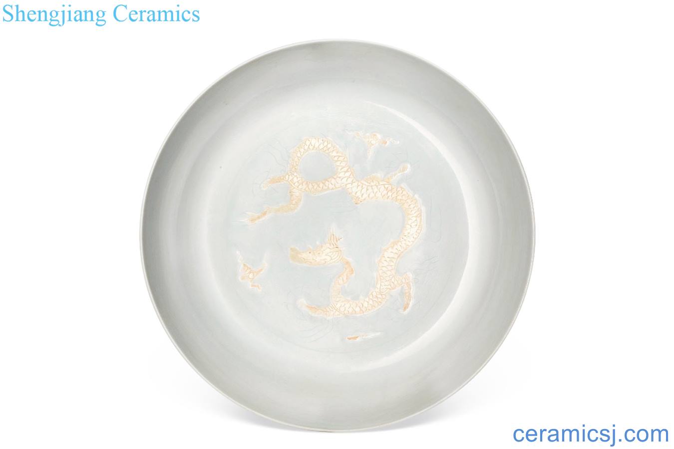 Ming hongzhi White glazed dark carved dragon pattern plate