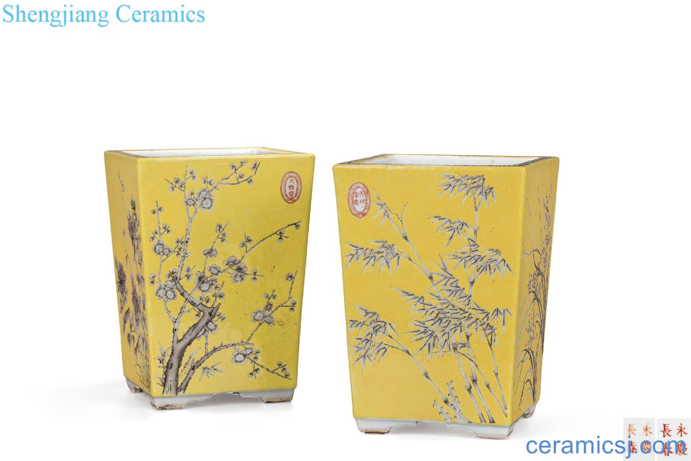 Qing guangxu Yellow color ink sifang bluegrass basin (pair)