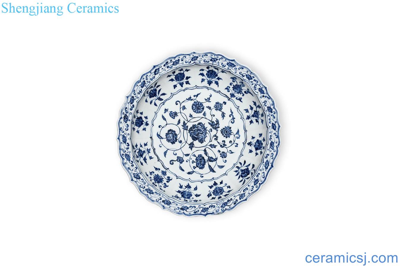 Ming yongle Blue and white flower grain fold around branches along the mouth tray