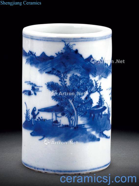 Qing qianlong Blue and white landscape pattern brush pot