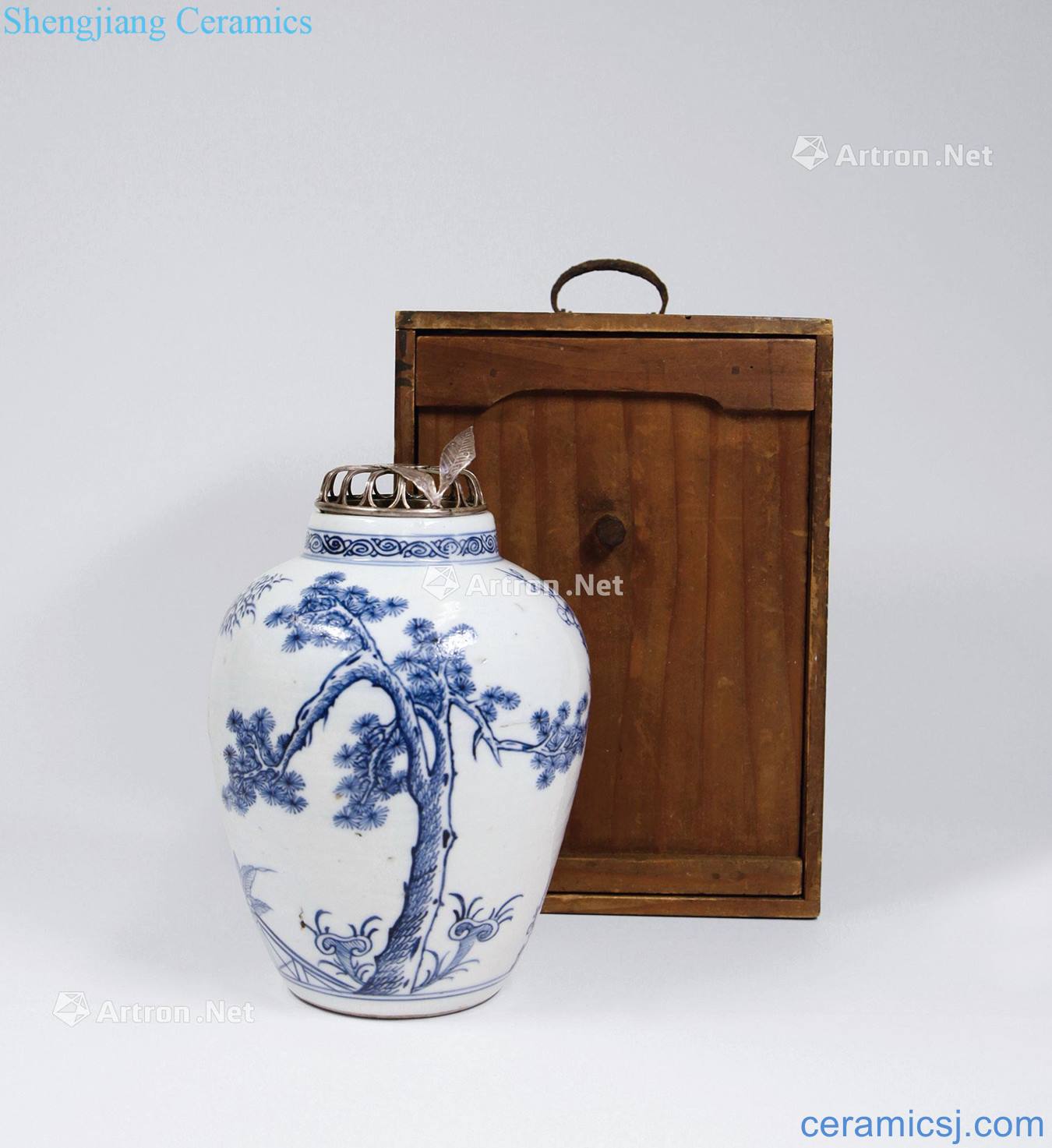 qing Blue and white poetic figure cans