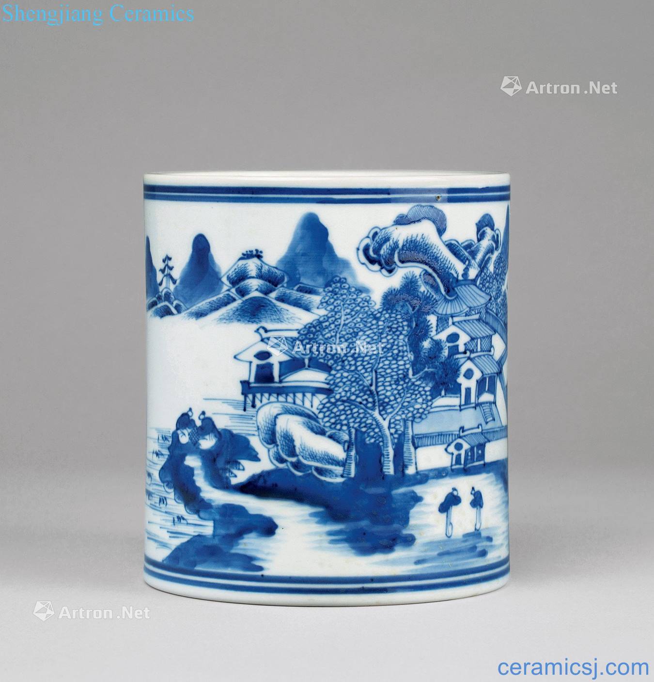 Qing guangxu Blue and white landscape character tattoo pen container