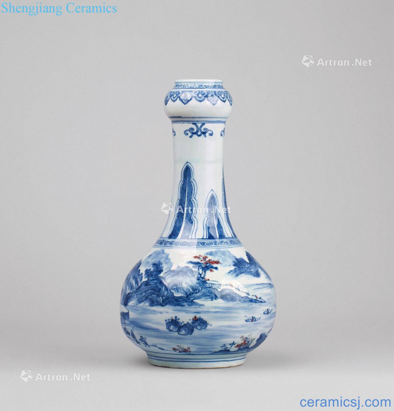 In the qing dynasty Blue and white youligong landscape pattern garlic bottles