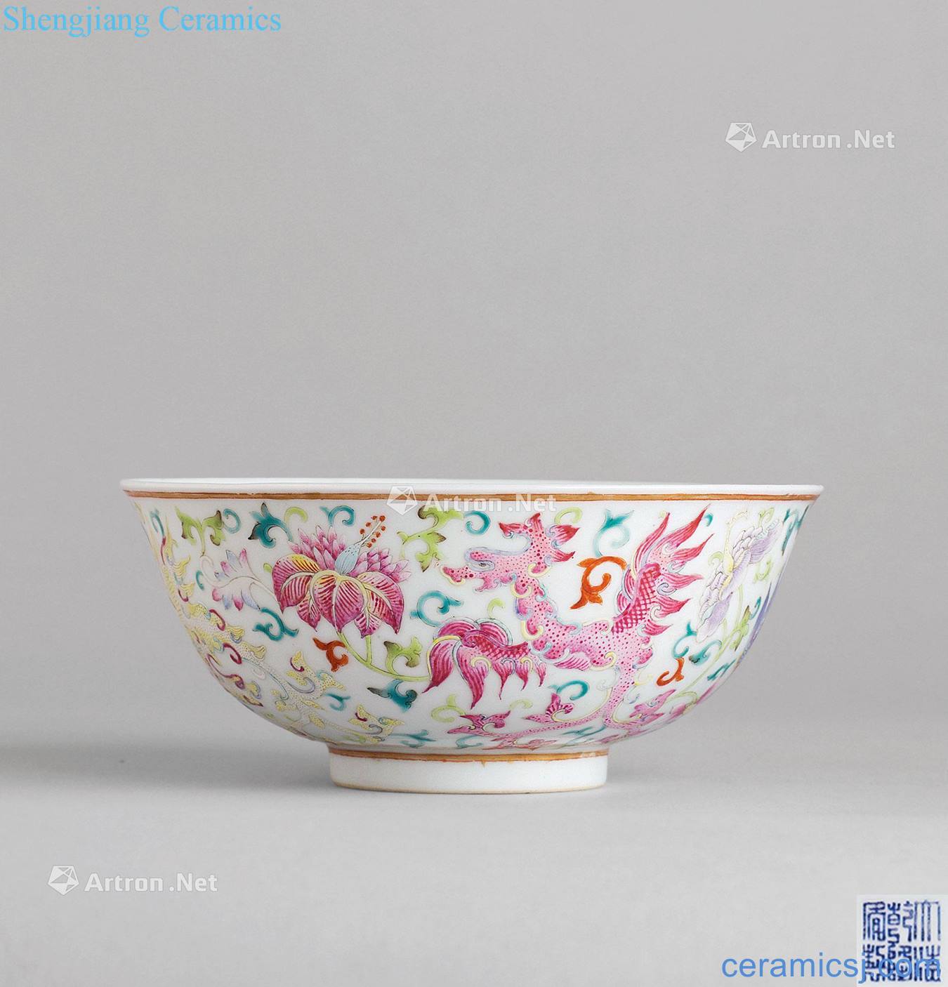 Qing dynasty pastel longfeng branch lotus green-splashed bowls