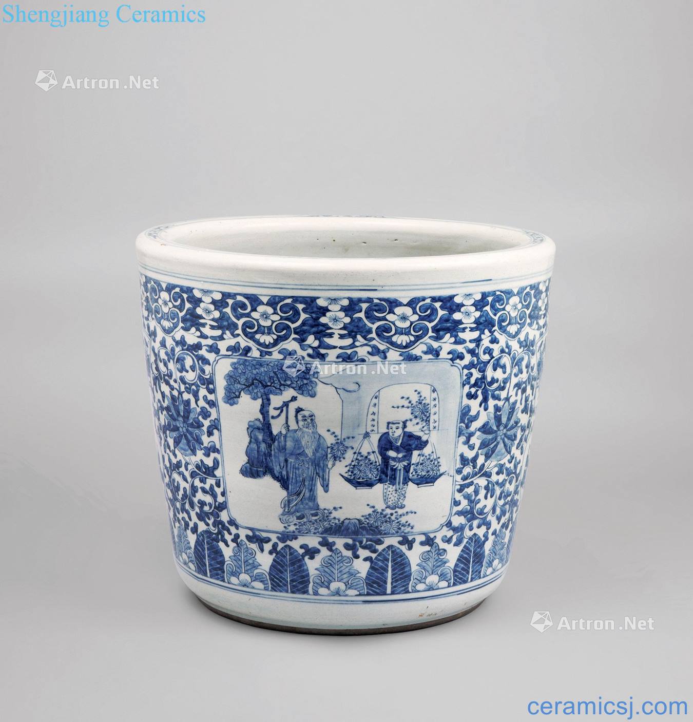 In the qing dynasty Blue and white flower grain flowerpot medallion characters