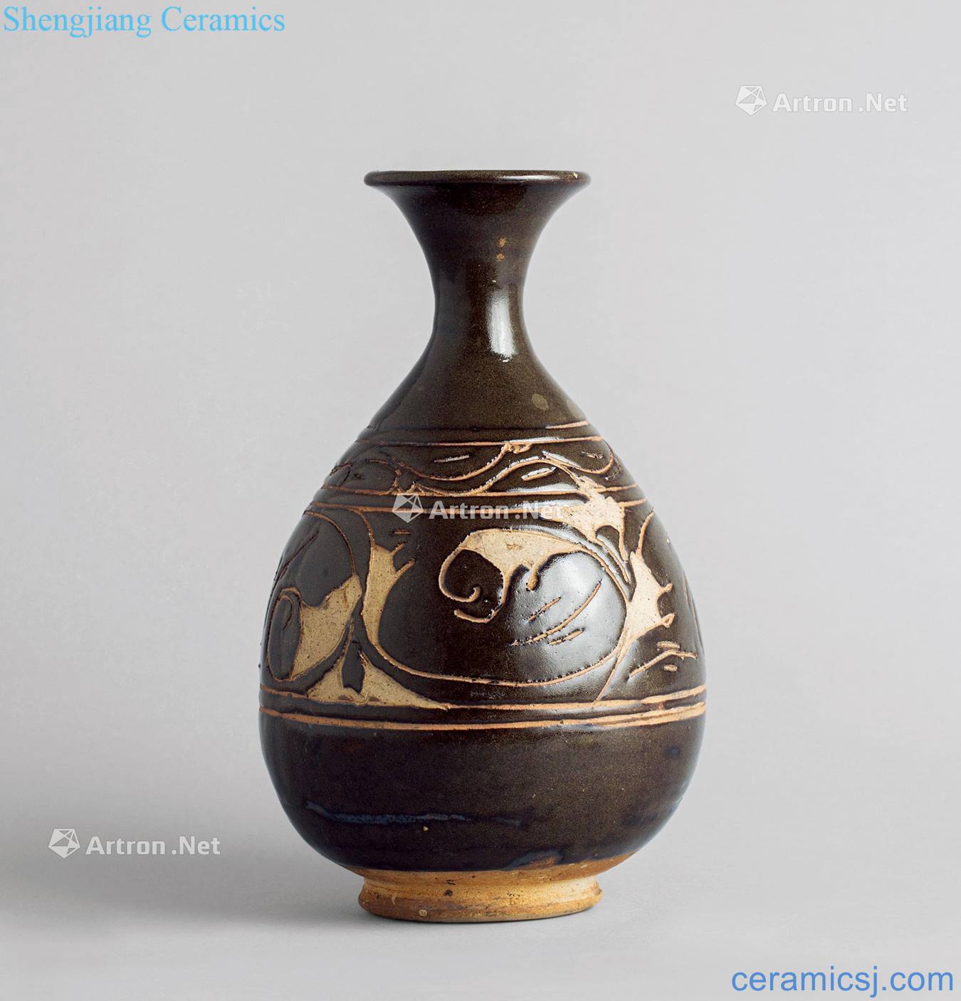 Yuan dynasty magnetic state kiln carved jade flower 壷 spring bottle