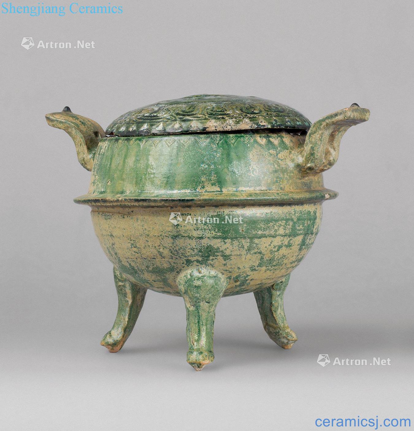 Han dynasty green glaze water-wave cover pot